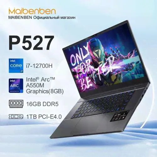 Ноутбук Maibenben p527, 15,6", ips fhd, 144hz, i7-12700h, Intel arc a550 8gb, 16гб ддр5, 1тб ссд, linux, (при оплате озон картой)