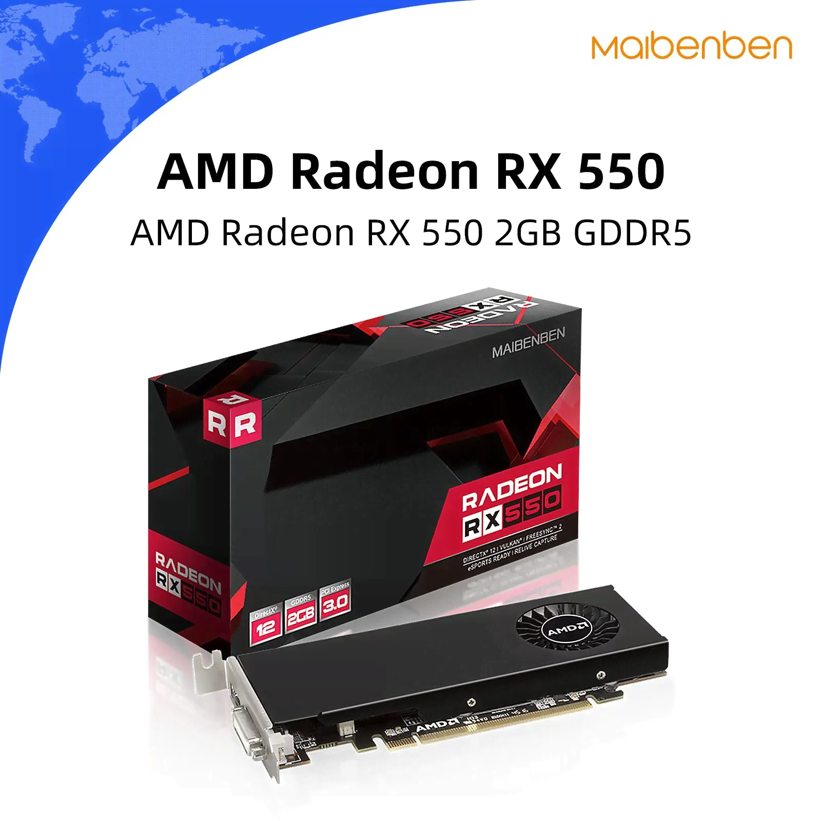 MAIBENBEN Видеокарта Radeon RX 550 AMD Radeon RX550(2GB) идеокарта для пк 2 ГБ (RX550-2G)
